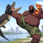  alligator_kick_(meme) ambiguous_gender bottomwear chubby_male city cityscape clothing crocodile crocodilian crocodylid duo feral food hi_res holding_object human kick lizard looking_at_another male mammal not_furry_focus open_mouth pizza reptile scalie shorts 