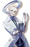  1boy blonde_hair colress_(pokemon) edo-sama glasses gloves highres male_focus pokemon short_hair simple_background smile solo suit white_background white_gloves white_suit yellow_eyes 