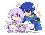  1boy 1girl angel_wings blue_eyes blue_hair brother_and_sister cape circlet dress fire_emblem fire_emblem:_genealogy_of_the_holy_war headband julia_(fire_emblem) open_mouth purple_eyes purple_hair seliph_(fire_emblem) siblings simple_background smile white_headband wings yukia_(firstaid0) 