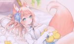  1girl animal_ear_fluff animal_ears bare_legs blue_eyes blue_flower blue_ribbon blush breasts character_request cleavage commentary copyright_request dress flower fox_ears fox_tail hair_flower hair_ornament hands_on_own_stomach indoors large_breasts long_hair looking_at_viewer lying on_back on_bed orange_hair ribbon smile solo suzuho_hotaru symbol-only_commentary tail tareme white_dress 