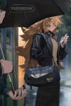  1boy 1girl bag black_hair black_jacket cellphone english_text hand_in_pocket highres holding holding_phone holding_umbrella jacket knifedragon long_hair orange_hair original outdoors phone purple_eyes rain shoulder_bag sweat tan_shirt tree umbrella very_long_hair wet 