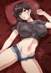  1girl black_hair black_shirt blue_shorts blush breasts covered_nipples earrings haruhisky highres jewelry large_breasts lying navel on_back on_bed original panties parted_lips pillow pink_panties shirt short_hair short_shorts short_sleeves shorts solo sweat t-shirt underwear 