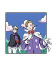  2boys 99akt1031 :d black_sweater blonde_hair border bow bowtie capelet cloud day eusine_(pokemon) gloves headband highres jacket long_sleeves male_focus morty_(pokemon) multiple_boys open_mouth outdoors pants pokemon pokemon_(game) pokemon_hgss purple_headband purple_jacket purple_scarf red_bow red_bowtie scarf shirt sky smile sweater white_border white_capelet white_gloves white_pants white_shirt 