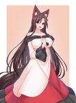  1girl :d animal_ears bare_shoulders border breasts brown_background brown_hair dress hashi2387 highres imaizumi_kagerou large_breasts long_hair long_sleeves looking_at_viewer off-shoulder_dress off_shoulder open_mouth red_eyes smile solo tail touhou white_border white_dress wolf_ears wolf_girl wolf_tail 