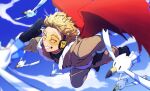  1boy bird blonde_hair blue_sky boku_no_hero_academia brown_jacket brown_pants cloud facial_hair feathered_wings feathers flying fur-trimmed_jacket fur_trim goggles hawks_(boku_no_hero_academia) highres jacket male_focus nishino_(fetv8484) outdoors pants red_feathers red_wings sky solo stubble superhero teeth wings 