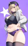  1girl aa-12_(girls&#039;_frontline) absurdres ahoge beret blonde_hair blue_eyes blunt_bangs breasts commentary commission english_commentary girls&#039;_frontline hands_on_own_stomach hat highres hood hoodie large_breasts navel panties pixiv_commission plump shio05_(05_sio) skindentation solo striped striped_panties thick_thighs thighhighs thighs underwear 