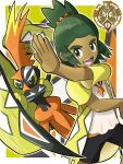  1boy border dark-skinned_male dark_skin green_hair hau_(pokemon) hau_(sygna_suit)_(pokemon) highres male_focus nasubi_shirasu official_alternate_costume open_mouth outside_border pokemon pokemon_(creature) pokemon_(game) pokemon_masters_ex smile tapu_koko v-shaped_eyebrows white_border z-move_trainer_pose 