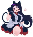  1girl animal_ears animal_hands apron bell bishoujo_senshi_sailor_moon black_dress black_gloves blush breasts bright_pupils cat_ears cat_tail dress earrings gloves hair_behind_ear hino_rei jewelry maid_apron medium_breasts one_eye_closed p_m_ame paw_gloves paw_print purple_eyes running smile solo tail white_background white_pupils 