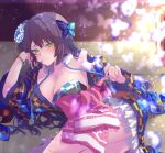  1girl arm_support assault_lily blue_flower blue_kimono blurry blurry_background blush bow breasts bug butterfly butterfly_hair_ornament checkered_clothes checkered_kimono cleavage closed_mouth commentary cowboy_shot depth_of_field fingernails flower frilled_kimono frills funada_kiito fur_collar green_eyes hair_flower hair_ornament hand_on_own_cheek hand_on_own_face hands_up head_rest highres indoors japanese_clothes kimono large_breasts light_particles long_hair long_sleeves looking_at_viewer lying nari_(mokemokenari) off_shoulder official_alternate_costume on_floor on_side pink_bow purple_hair short_kimono single_bare_shoulder smile solo tatami white_butterfly wide_sleeves 