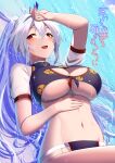  1girl bikini blue_bikini breasts cleavage cleavage_cutout clothing_cutout fate/grand_order fate_(series) hair_between_eyes high_ponytail highres kuroshiro_(ms-2420) large_breasts long_hair mitsudomoe_(shape) navel puffy_short_sleeves puffy_sleeves red_eyes short_sleeves sidelocks solo swimsuit thighs tomoe_(symbol) tomoe_gozen_(fate) tomoe_gozen_(swimsuit_saber)_(fate) tomoe_gozen_(swimsuit_saber)_(third_ascension)_(fate) translation_request underboob water wet white_hair 