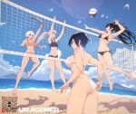  4girls abs adjusting_clothes adjusting_swimsuit ahoge ass ball bare_arms bare_legs bare_shoulders barefoot beach beach_volleyball bikini bikini_tan bird black_hair black_nails blue_bikini breasts cleavage closed_mouth cloud commentary contrail day english_commentary eri_(uragoner) feet fingernails floating_hair halterneck high_ponytail highres jumping kuso_otoko large_breasts lens_flare long_hair looking_at_viewer looking_back low_ponytail mechanical_arms medium_breasts mountainous_horizon multiple_girls nail_polish navel ocean orange_bikini outdoors parted_lips pink_hair playing_sports ponytail profile qr_code sand sera_(judgemint) shadow shore short_hair side-tie_bikini_bottom sideways_glance single_mechanical_arm smile sports_bikini stomach swimsuit tan tanlines teeth toes toned twitter_username uragoner volleyball volleyball_(object) volleyball_net white_bikini 