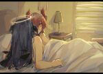  2girls absurdres animal_ears arknights bird_ears black_wings blue_hair blush breasts celexcity curtains demon_horns detached_wings energy_wings fiammetta_(arknights) hair_between_eyes halo highres horns indoors lamp looking_at_another mostima_(arknights) multiple_girls nightstand nude red_eyes red_hair short_hair sketch under_covers wings yuri 