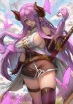  1girl absurdres asymmetrical_gloves belt blue_eyes braid breasts brown_belt brown_gloves brown_thighhighs bug butterfly butterfly_hair_ornament closed_mouth cloud curled_horns dragon draph elbow_gloves fingerless_gloves gloves granblue_fantasy hair_ornament hair_over_one_eye highres horns katana large_breasts long_hair looking_at_viewer maoer_(sam51417) narmaya_(granblue_fantasy) outdoors pointy_ears purple_hair sheath sheathed shirt sideboob single_braid single_elbow_glove single_fingerless_glove single_thighhigh sky sleeveless sleeveless_shirt solo sword thigh_belt thigh_strap thighhighs uneven_gloves very_long_hair weapon white_shirt 