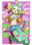  1girl :d arms_up belt blue_hair blush bow breasts chain_necklace character_name commentary_request cropped_shirt edamame_(buruburu) fang fishnet_top fishnets foot_out_of_frame gradient_hair green_eyes green_hair green_pants hair_bow hairband happy_birthday highres idol_time_pripara jacket jewelry long_sleeves looking_at_viewer multicolored_hair navel necklace nijiiro_nino open_clothes open_jacket open_mouth pants pink_background pink_belt pink_hairband pretty_(series) print_pants pripara shoes short_hair small_breasts smile solo standing standing_on_one_leg star_(symbol) star_print streetwear triangle_hair_ornament yellow_footwear yellow_jacket 