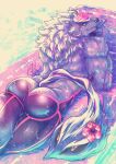  anthro back_muscles bathym biceps butt canid canine canis clothing demon fur hat headgear headwear hi_res horn lifewonders looking_at_viewer looking_back male mammal muscular muscular_anthro muscular_male pool_toy purple_body purple_fur smile solo swimming_pool tokyo_afterschool_summoners visor_cap wetsuit wolf zinpatink_m 