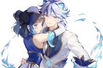  1boy 1girl animal_ears black_hair blue_eyes blue_hair ezreal formal hand_on_another&#039;s_waist highres ichisaku jacket league_of_legends long_hair lux_(league_of_legends) medium_hair multicolored_hair porcelain_ezreal porcelain_lux sketch streaked_hair suit white_hair white_jacket 