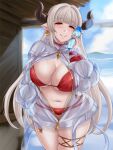  1girl alicia_(granblue_fantasy) aliza_(summer)_(granblue_fantasy) aliza_(summer)_(granblue_fantasy)_(cosplay) beach bikini blonde_hair blunt_bangs bottle bottle_to_cheek breasts cleavage closed_mouth cosplay curled_horns draph earrings granblue_fantasy hair_intakes half-closed_eyes holding holding_bottle horns jacket jewelry large_breasts long_hair long_sleeves looking_at_viewer mature_female navel ocean outdoors partially_unzipped pointy_ears ramune red_bikini red_eyes see-through see-through_jacket smile solo suzuki_sakura sweat swimsuit thighlet 