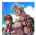  1boy 1girl abs absurdres andy_(undead_unluck) arm_tattoo black_hair blue_jacket breasts brown_eyes closed_mouth cloud day english_text from_side girl_staring_at_guys_chest_(meme) gloves grey_hair hat highres ichisan izumo_fuuko jacket large_pectorals looking_at_another looking_at_pectorals medium_breasts meme multicolored_clothes multicolored_jacket muscular muscular_male nipples open_clothes open_jacket outdoors pectoral_focus pectorals red_gloves scar scar_on_chest scar_on_face scar_on_forehead shirt short_hair sky smile tattoo teeth two-tone_jacket undead_unluck white_shirt 