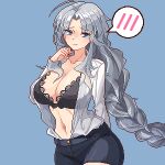  1girl ahoge black_bra black_shorts blue_background blue_eyes blush bra braid braided_ponytail breasts cleavage closed_mouth collarbone commentary_request eaglov grey_hair highres large_breasts long_hair looking_at_viewer navel open_clothes open_shirt pixel_art shirt short_shorts shorts simple_background solo spoken_blush tearing_up touhou underwear variant_set very_long_hair white_shirt yagokoro_eirin 