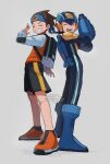  2boys absurdres android arm_cannon back-to-back blue_bodysuit blue_footwear bodysuit brothers closed_eyes facing_viewer full_body highres male_focus mega_man_(character) mega_man_(series) multiple_boys open_mouth orange_footwear robot shorts siblings tanaka_(is2_p) teeth upper_teeth_only weapon 