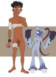  2023 absurd_res anthro arm_wraps balls band-aid bandage black_hair casual_nudity chest_wraps duo ear_piercing ear_ring female flaccid flat_chested fur generation_8_pokemon genitals grey_body grey_fur hair hi_res human leg_wraps male mammal nintendo penis piercing pokemon pokemon_(species) pubes pussy ring_piercing scar sneasler story story_in_description tush wraps 