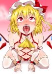  1girl ascot bandaid bandaids_on_nipples bare_shoulders blonde_hair blush bow breasts collarbone commentary_request compression_sleeve flandre_scarlet foreshortening full-face_blush gradient_background hat highres looking_up medium_breasts mob_cap navel o-ring one_side_up open_mouth oral_invitation pasties pink_background red_bow red_eyes saliva shiraue_yuu short_hair simple_background solo squatting steam sweat teeth thighhighs tongue touhou touhou_tag_dream uvula white_headwear white_thighhighs yellow_ascot 