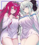  2girls bare_shoulders black_bow blue_eyes bow braid breasts choker fairy_knight_tristan_(fate) fate/grand_order fate_(series) french_braid grey_eyes grey_hair hair_bow highres large_breasts long_hair long_sleeves looking_at_viewer morgan_le_fay_(fate) multiple_girls neko_daruma off_shoulder pink_hair pointy_ears ponytail shirt sidelocks smile thighs very_long_hair white_shirt 