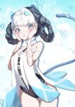  1girl absurdres animal_ears bare_legs black_hair blue_eyes blush bombinata_(punishing:_gray_raven) braid cat_ears cat_tail doll_joints fake_animal_ears fake_tail hair_ornament hands_on_own_cheeks hands_on_own_face heart heart-shaped_pupils heart_hair_ornament highres joints mechanical_arms multicolored_hair open_mouth punishing:_gray_raven symbol-shaped_pupils tail takashi_san twin_braids two-tone_hair white_hair 