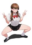  1girl absurdres breasts brown_hair double_v furisuku highres loafers long_hair looking_at_viewer neck_ribbon open_mouth original pink_eyes pleated_skirt ribbon school_uniform shoes simple_background skirt socks solo spread_legs squatting v white_background white_socks 