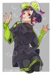  1boy black_hair black_jacket black_nails black_shorts border colored_inner_hair cropped_legs eyelashes green_shirt grey_background jacket kujiraoka lilia_vanrouge long_sleeves male_focus multicolored_hair pointy_ears red_eyes shirt shorts solo twisted_wonderland visor_cap white_border 