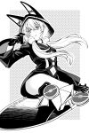  1girl altina_orion animal_hood boots clothing_cutout double-parted_bangs eiyuu_densetsu gloves greyscale hair_between_eyes highres hood hood_up hoodie long_hair long_sleeves mishiro_(andante) monochrome navel navel_cutout sen_no_kiseki sen_no_kiseki_ii solo twintails twitter_username 