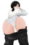 absurdres against_wall ass ass_focus bags_under_eyes bellone black_hair chainsaw_man clothes_pull commentary higashiyama_kobeni highres invisible_wall mole mole_under_eye multiple_moles panties pants pants_pull shirt short_ponytail underwear white_panties white_shirt 