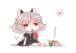  1girl animal animal_ears biyon black_dress closed_mouth commentary dress drink drinking drinking_straw drinking_straw_in_mouth grey_hair jewelry mouse mouse_ears mouse_tail nazrin pendant red_eyes short_hair short_sleeves simple_background solo symbol-only_commentary tail touhou twitter_username white_background 