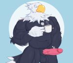  2023 5_fingers abs absurd_res animal_crossing anthro apollo_(animal_crossing) balls biped colored digital_drawing_(artwork) digital_media_(artwork) erection feathers fingers fur genitals hi_res holding_mug holding_object humanoid_genitalia humanoid_penis isaacyote_(artist) male mug muscular muscular_anthro muscular_male navel nintendo nipples penis simple_background 