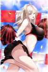  1girl absurdres angry armpits ass bare_shoulders blue_sky breasts cheering cheerleader clothes_lift cloud cloudy_sky commission confetti crop_top fate/grand_order fate_(series) grey_eyes high_heels highres holding holding_pom_poms kriemhild_(fate) large_breasts leg_lift long_hair looking_at_viewer midriff miniskirt misa_pika mole mole_under_eye navel no_panties open_mouth outdoors pixiv_commission pleated_skirt pom_pom_(cheerleading) skirt skirt_lift sky sleeveless solo white_hair 