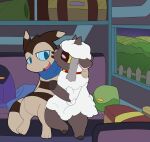  anthro blue_eyes brown_eyes collar cuddling duo embrace female furret generation_2_pokemon generation_8_pokemon hand_on_chest happy hug infinitydoom looking_at_another looking_at_partner male nintendo pokemon pokemon_(species) scarf train vehicle wooloo 