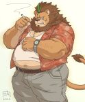  2023 anthro belly big_belly black_nose bottomwear clothing felid goyemon_k hi_res humanoid_hands kemono lion male mammal navel overweight overweight_male pantherine pants shirt simple_background smoking solo topwear 