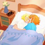  1boy 1girl bed blanket blush earrings flower green_shirt highres jewelry link lying medium_hair on_side pillow pointy_ears princess_zelda sheikah_slate shirt short_hair sleeping smile the_legend_of_zelda the_legend_of_zelda:_tears_of_the_kingdom triforce_print vase white_shirt yellow_flower ynartistic 