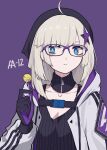 1girl aa-12_(girls&#039;_frontline) absurdres ahoge bespectacled black_gloves black_headwear black_jacket black_shirt black_stripes blue_eyes blue_headwear blunt_bangs blunt_ends breasts bright_pupils candy character_name collarbone commentary detached_collar drawstring food frown girls&#039;_frontline glasses gloves hair_ornament highres holding holding_food hood hood_down hooded_jacket jacket lollipop long_sleeves looking_away medium_hair multicolored_clothes multicolored_jacket open_clothes open_jacket pale_skin papaia_(quentingqoo) purple-framed_eyewear purple_background purple_gloves purple_jacket shirt simple_background sleeveless sleeveless_shirt small_breasts snap-fit_buckle solo star_(symbol) star_hair_ornament star_in_eye striped striped_jacket symbol_in_eye triangle turtleneck two-tone_gloves upper_body weapon_name white_hair white_jacket white_pupils zipper 