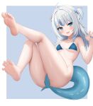  1girl absurdres ahoge ass barefoot bikini bikini_top_only blue_bikini blue_eyes blue_hair blue_nails blunt_bangs border breasts censored fins fish_tail gawr_gura grey_hair gugu0v0 hair_ornament highres hololive hololive_english legs_up looking_at_viewer looking_to_the_side multicolored_hair nail_polish shark_girl shark_tail sharp_teeth sidelocks small_breasts smile soles solo star_(symbol) star_hair_ornament streaked_hair swimsuit tail tail_censor teeth toes two_side_up upper_teeth_only virtual_youtuber white_border 