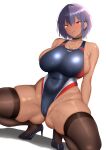  1girl blush breasts competition_swimsuit dark-skinned_female dark_skin high_heels highres huge_breasts one-piece_swimsuit open_mouth original purple_hair ranhatu red_eyes short_hair solo sweatdrop swimsuit teeth thick_thighs thighhighs thighs tongue upper_teeth_only 