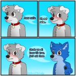  3_panel_comic black_nose black_pawpads blep blue_body blue_ears blue_fur blue_hair blue_tail blush bodily_fluids broitscody brown_eyes canid canine canis chest_tuft cody_(broitscody) collar comic dialogue domestic_dog duo floppy_ears fur gesture grey_body grey_fur grey_hair grey_tail hair hi_res husky logan_(broitslogan) male mammal monotone_ears monotone_hair multicolored_body multicolored_fur nervous nervous_sweat nordic_sled_dog pawpads pointing speech_bubble spitz sweat tail tongue tongue_out tuft two_tone_body two_tone_fur two_tone_tail white_body white_ears white_fur white_tail wolf 