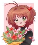  1girl antenna_hair blush bouquet brown_hair cardcaptor_sakura chelly_(chellyko) commentary flower green_eyes hair_bobbles hair_intakes hair_ornament highres holding holding_bouquet holding_flower kinomoto_sakura long_sleeves looking_at_viewer open_mouth school_uniform serafuku short_hair smile solo symbol-only_commentary tomoeda_elementary_school_uniform two_side_up upper_body 