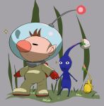  1boy alien backpack bag big_nose black_eyes blue_pikmin blue_skin blush_stickers brown_hair bud closed_eyes closed_mouth colored_skin commentary_request from_behind frown gloves grass grey_background helmet isibatamako leaf lying olimar on_side pikmin_(creature) pikmin_(series) pointy_ears radio_antenna red_bag red_gloves short_hair space_helmet spacesuit sparkle triangle_mouth very_short_hair yellow_pikmin yellow_skin 