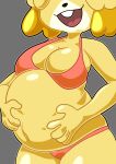  absurd_res animal_crossing anthro belly belly_focus big_belly big_breasts bikini bloated breasts canid canine canis clothing digital_media_(artwork) domestic_dog female hand_on_own_belly hi_res isabelle_(animal_crossing) mammal navel nintendo open_mouth open_smile shih_tzu smile solo strawberrywith4 swimwear torso_shot toy_dog yellow_body 