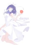  1girl apple blue_eyes blunt_bangs cover cover_page doujin_cover dress floating_hair food fruit hair_ribbon heterochromia highres kano_shirayuki long_hair looking_at_viewer midair ohisashiburi project_luminasys purple_hair red_nails ribbon simple_background smile solo white_dress white_ribbon 