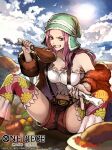  1girl anti-eyebrow_piercing bare_shoulders boned_meat cloud cloudy_sky commentary_request english_text food green_headwear hat holding holding_food jewelry_bonney knees_up lips lipstick long_hair looking_at_viewer makeup meat nail_polish nijihayashi official_art one_piece outdoors pink_hair pink_nails purple_eyes red_lips sky smile solo teeth translation_request 
