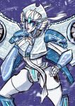  1girl blue_eyes breasts delari delariduchess hand_on_own_hip highres humanoid_robot mechanical_parts mechanical_wings medium_breasts panties red_lips robot snow solo the_transformers_(idw) thighs transformers underwear white_panties windblade wings 