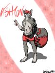  anthro arm_tattoo ashton_thatcher ashtronaut bottomwear boxers_(clothing) claws clothing fluffy fluffy_tail fur gesture green_eyes grey_body grey_fur hair hi_res male mammal pantsless piercing procyonid prosthetic prosthetic_arm prosthetic_limb raccoon red_bottomwear red_boxers red_clothing red_hair red_underwear shaded shirtless solo tail tattoo toe_claws underwear v_sign 