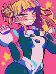  1girl blunt_bangs blush bodysuit boku_no_hero_academia grin hair_bun hands_up highres looking_at_viewer messy_hair multicolored_bodysuit multicolored_clothes neko_manma slit_pupils smile solo teeth toga_himiko yellow_eyes 